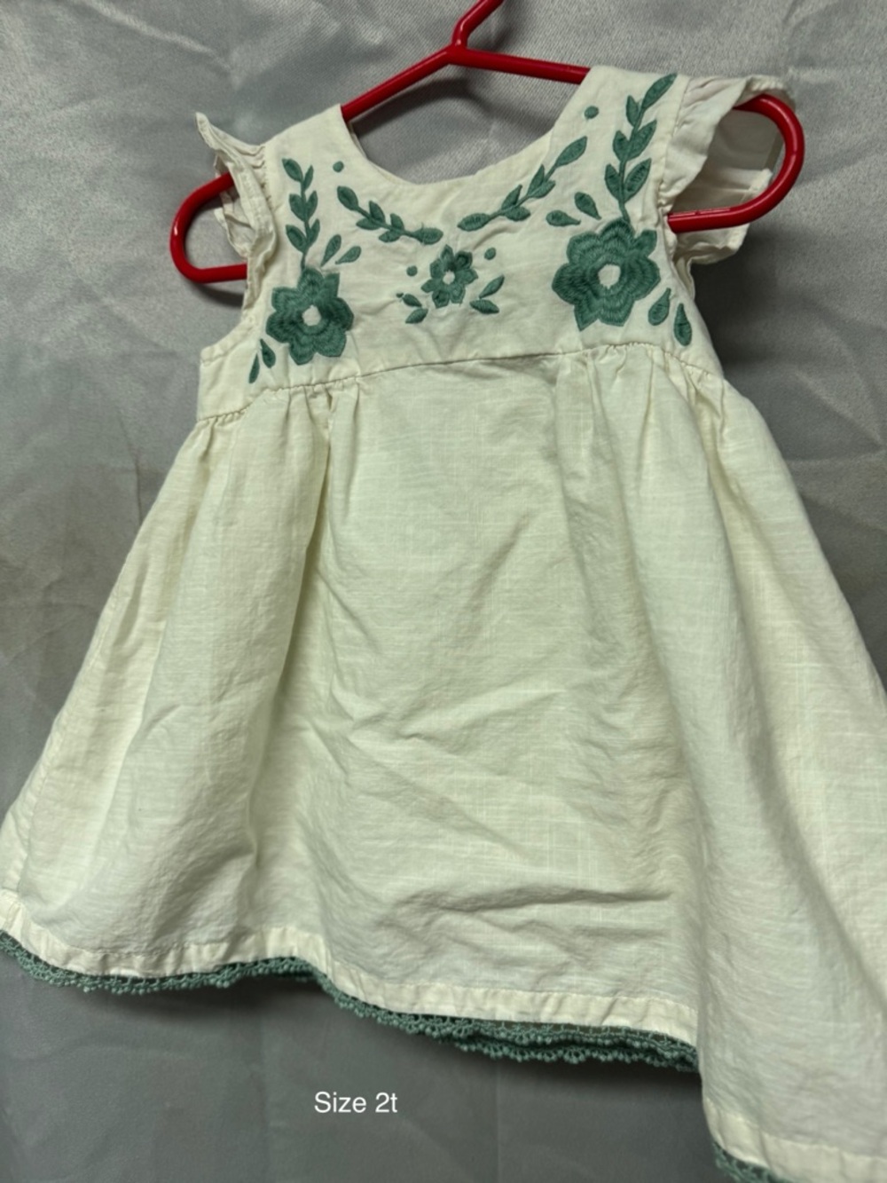 Ivory Tank Dress with Green Floral Embroidery